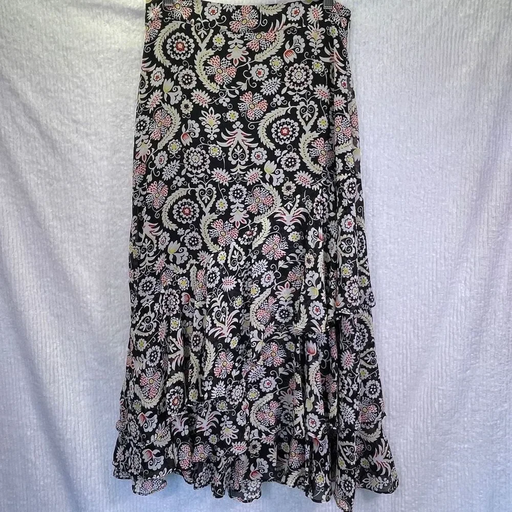Boden Black Multicolored Floral Printed Tiered Satin Ruffle Maxi Skirt Size 8